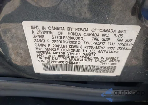 2006 Acura Mdx Touring from USA, damaged, VIN 2HNYD18616H513181